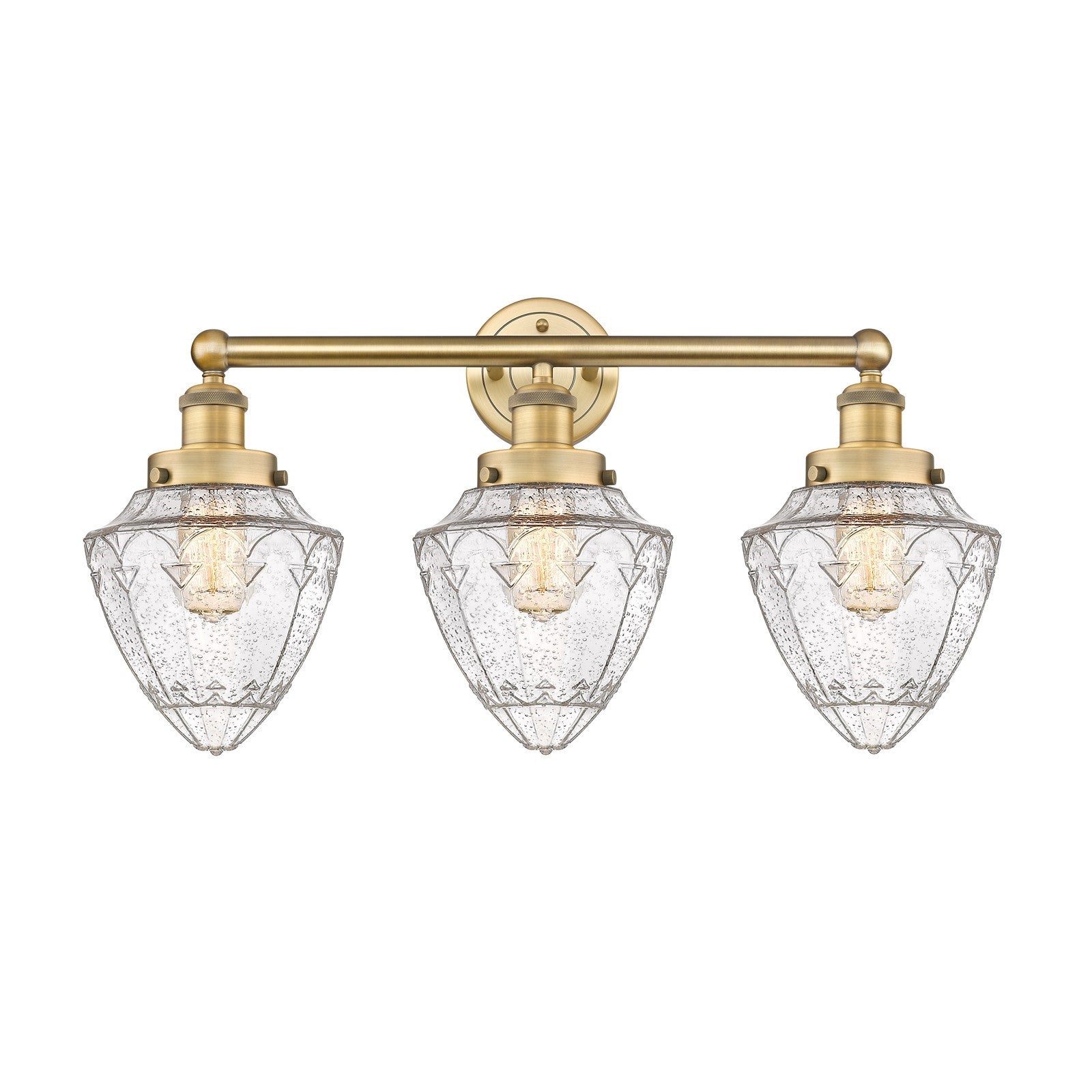 Innovations Bullet 25in 3-Light Bath Vanity Light | Industrial Brushed Brass Steel and Seedy Schoolhouse Glass | Kitchen & | Model 616-3W-BB-G664-7
