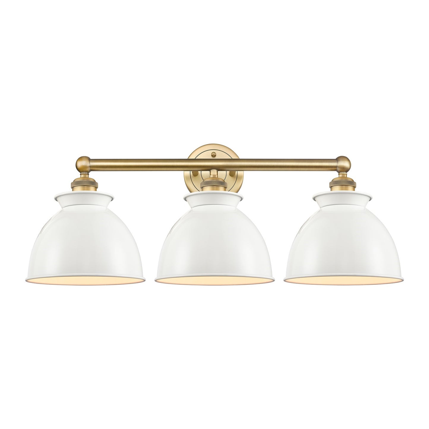 Innovations Adirondack 26in 3-Light Bath Vanity | Industrial Farmhouse Brushed Brass and Glossy White Metal Shade | Bathroom | Model 616-3W-BB-M14-W