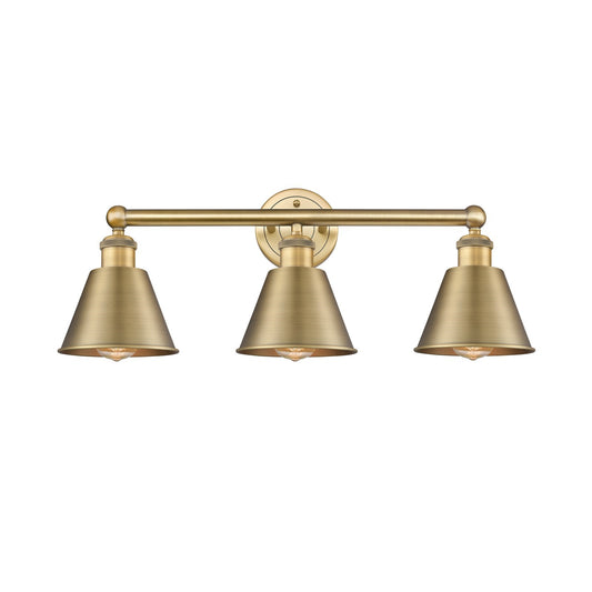 Innovations Smithfield 25in 3-Light Bath Vanity | Industrial Farmhouse Brushed Brass Steel and Brushed Brass Metal Shade | Model 616-3W-BB-M8-BB