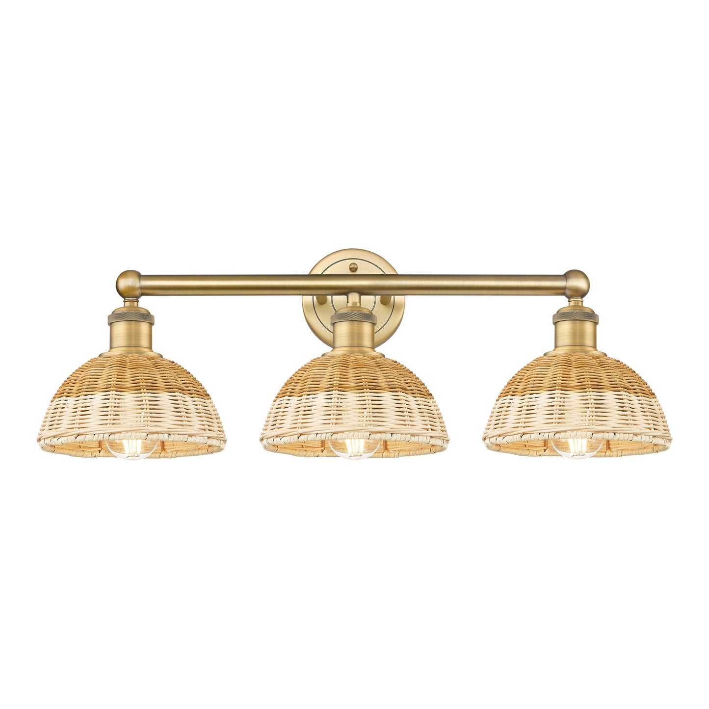 Innovations Bristol Natural II 26in 3-Light Bath Vanity Light | Industrial Brushed Brass Steel and Natural Fiber Dome Shade | Model 616-3W-BB-NBD2-75-NAT