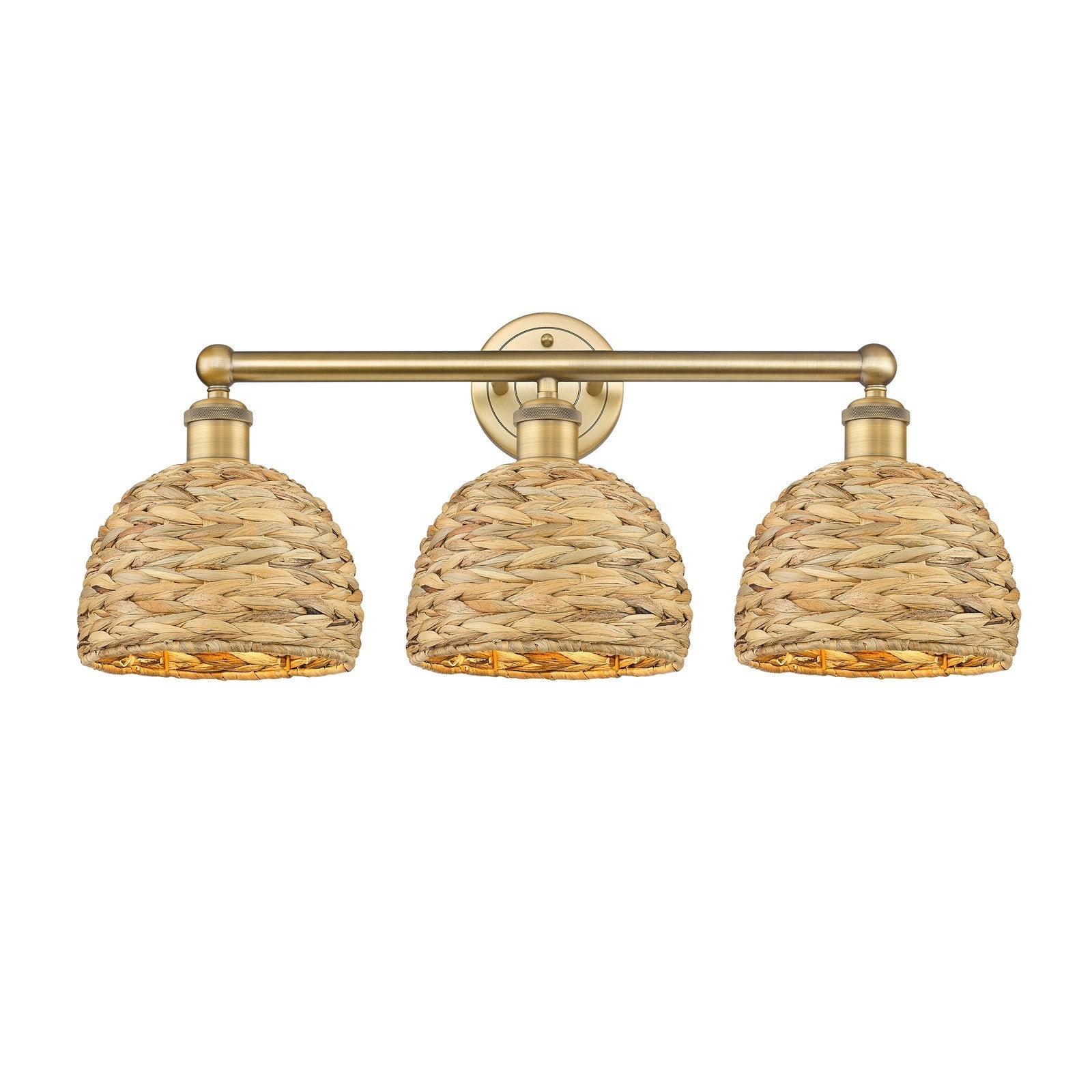 Innovations Woven Rattan 26in 3-Light Bath Vanity Light | Industrial Brushed Brass and Natural Fiber Dome Shade | Bathroom | Model 616-3W-BB-RBD-8-NAT