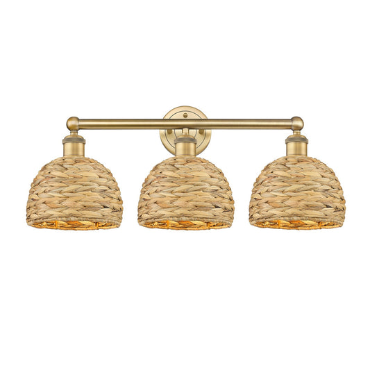 Innovations Woven Rattan 26in 3-Light Bath Vanity Light | Industrial Brushed Brass and Natural Fiber Dome Shade | Bathroom | Model 616-3W-BB-RBD-8-NAT