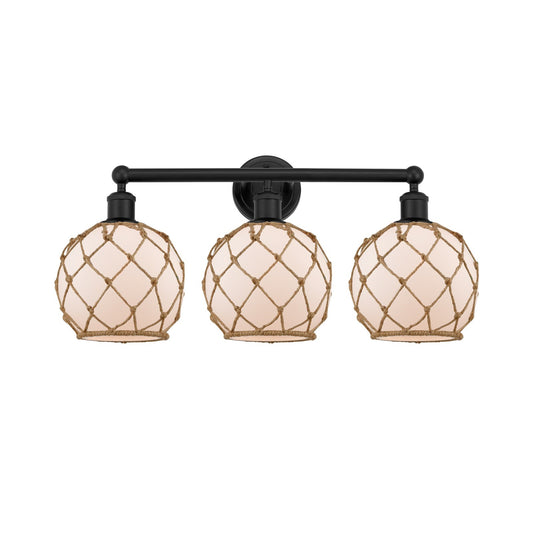 Innovations Farmhouse Rope 26in 3-Light Bath Vanity | Industrial Matte Black Steel and White Frosted Glass with Brown Rope | Model 616-3W-BK-G121-8RB