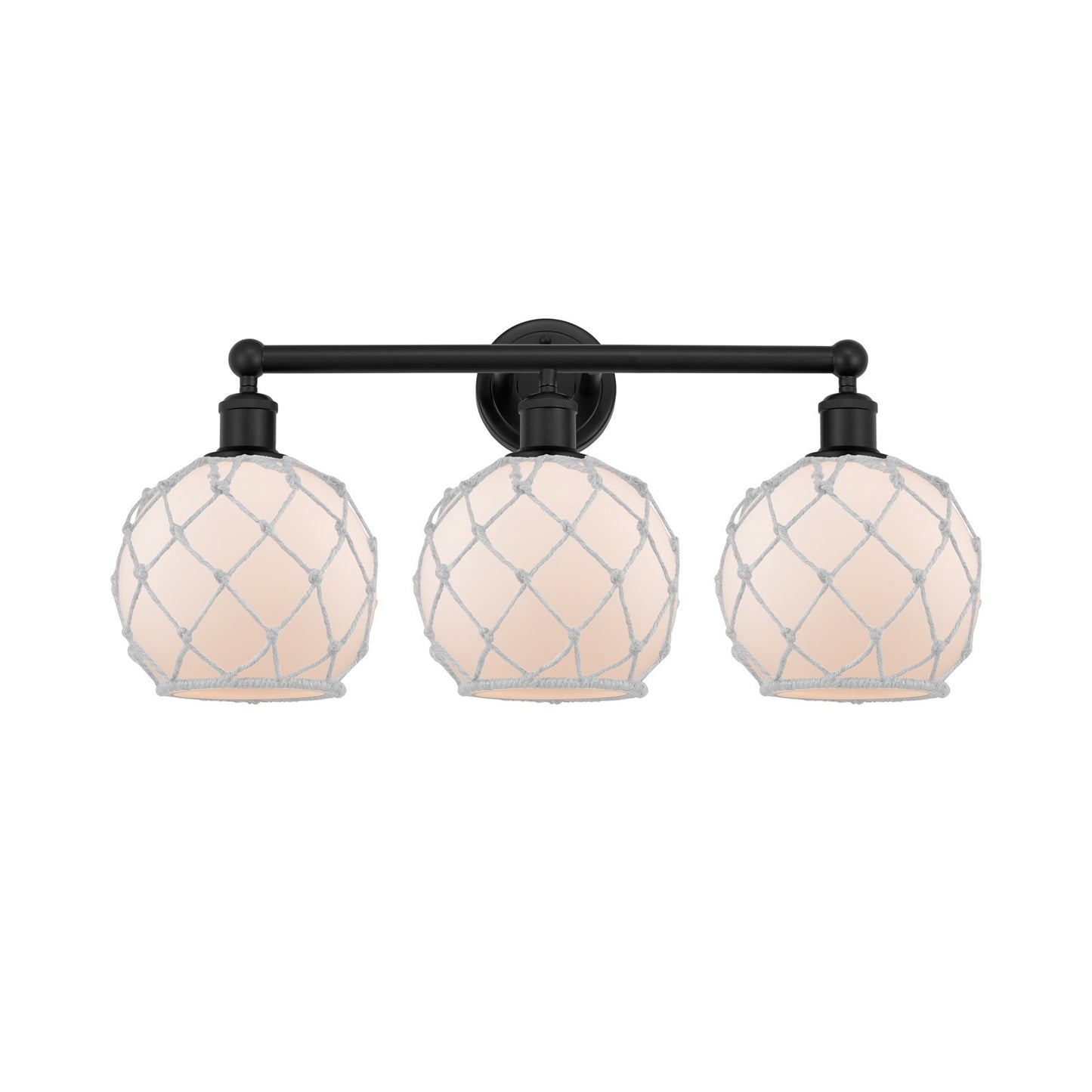 Innovations Farmhouse Rope 26in 3-Light Bath Vanity | Industrial Matte Black Steel and White Frosted Glass with Rope Shade | Model 616-3W-BK-G121-8RW