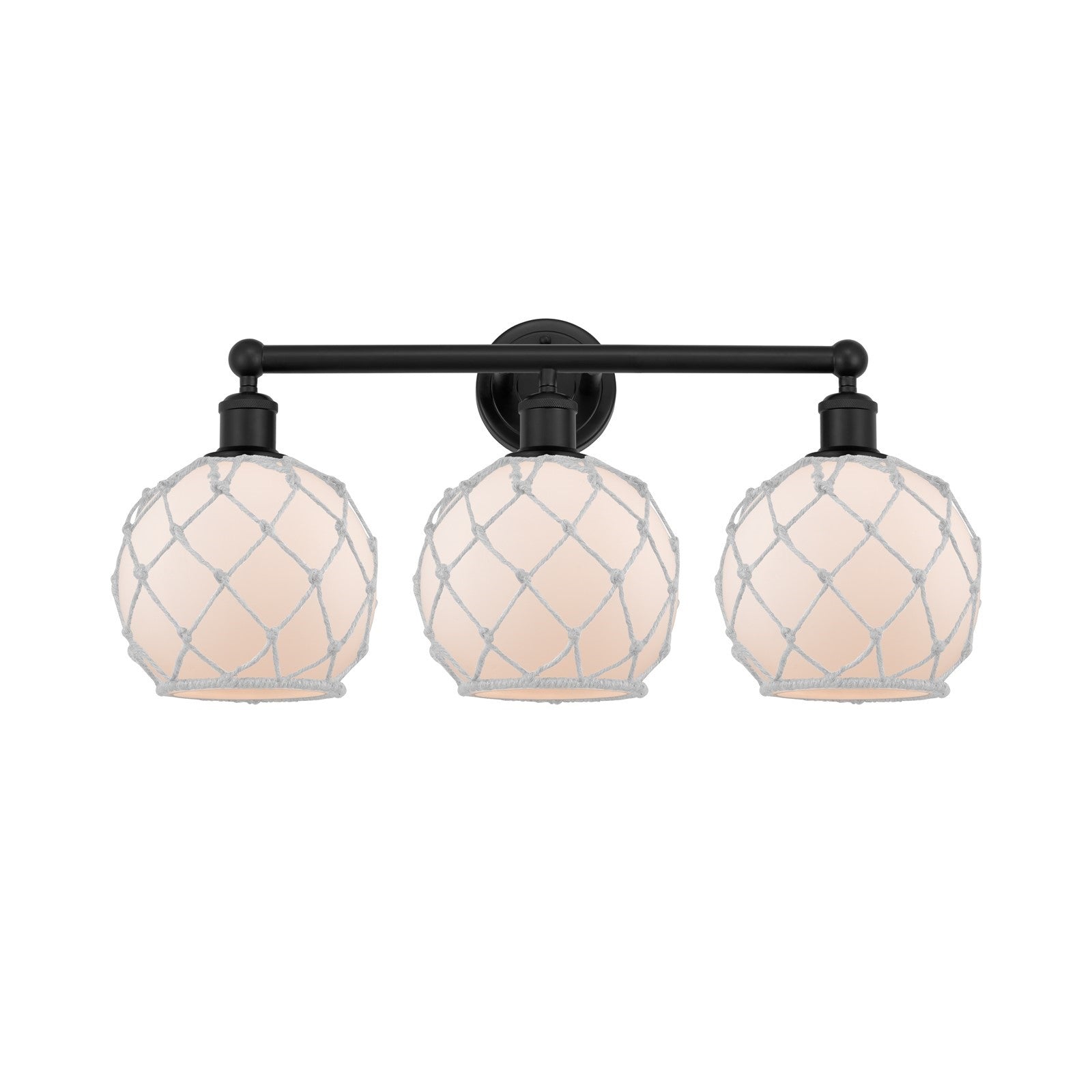 Innovations Farmhouse Rope 26in 3-Light Bath Vanity | Industrial Matte Black Steel and White Frosted Glass with Rope Shade | Model 616-3W-BK-G121-8RW