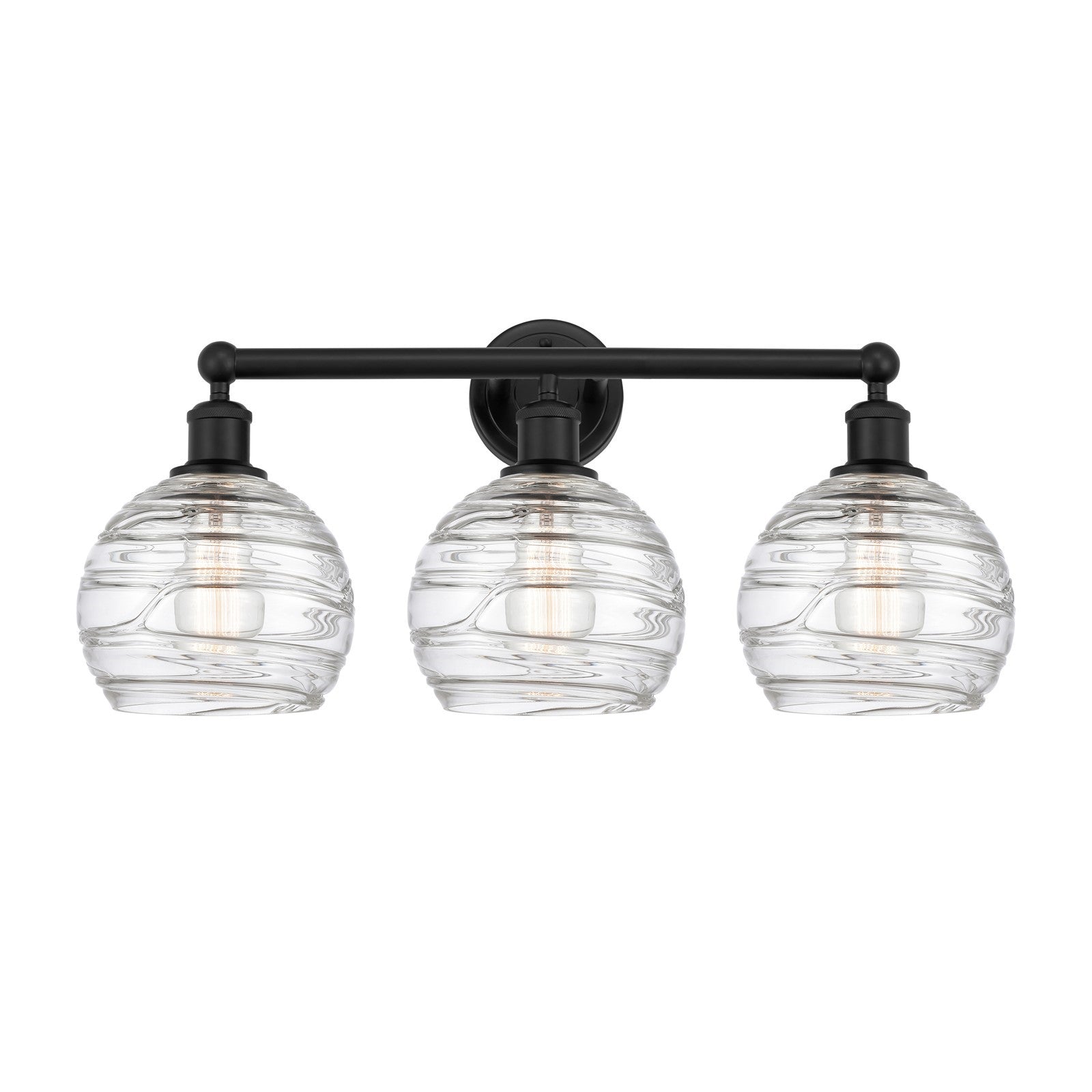 Innovations Athens Deco Swirl 26in 3-Light Bath Vanity | Industrial Matte Black Steel and Clear Deco Swirl Glass | Bathroom | Model 616-3W-BK-G1213-8CL