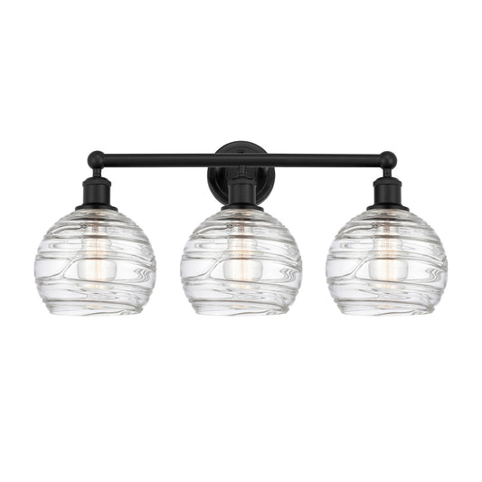 Innovations Athens Deco Swirl 26in 3-Light Bath Vanity | Industrial Matte Black Steel and Clear Deco Swirl Glass | Bathroom | Model 616-3W-BK-G1213-8CL
