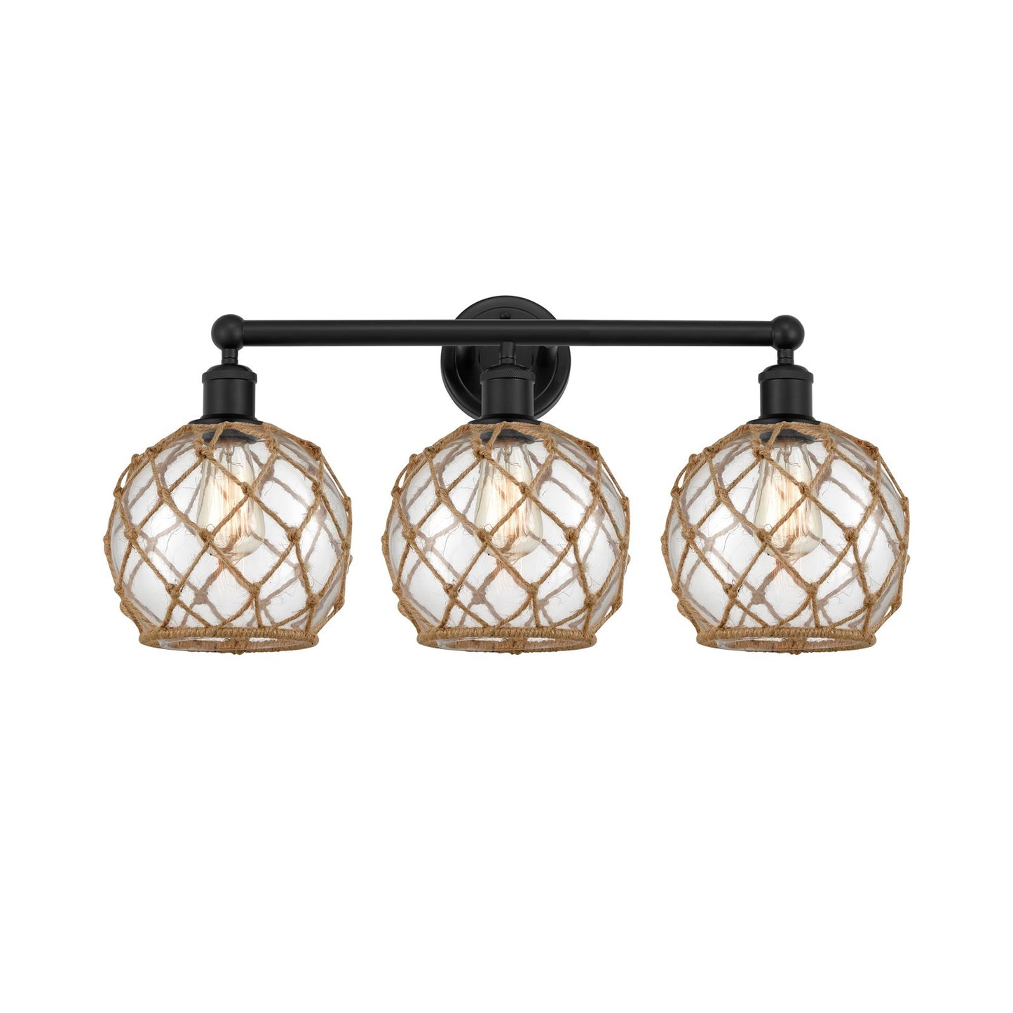 Innovations Farmhouse Rope 26in 3-Light Bath Vanity | Industrial Matte Black Steel and Clear Glass with Brown Rope | Bathroom | Model 616-3W-BK-G122-8RB