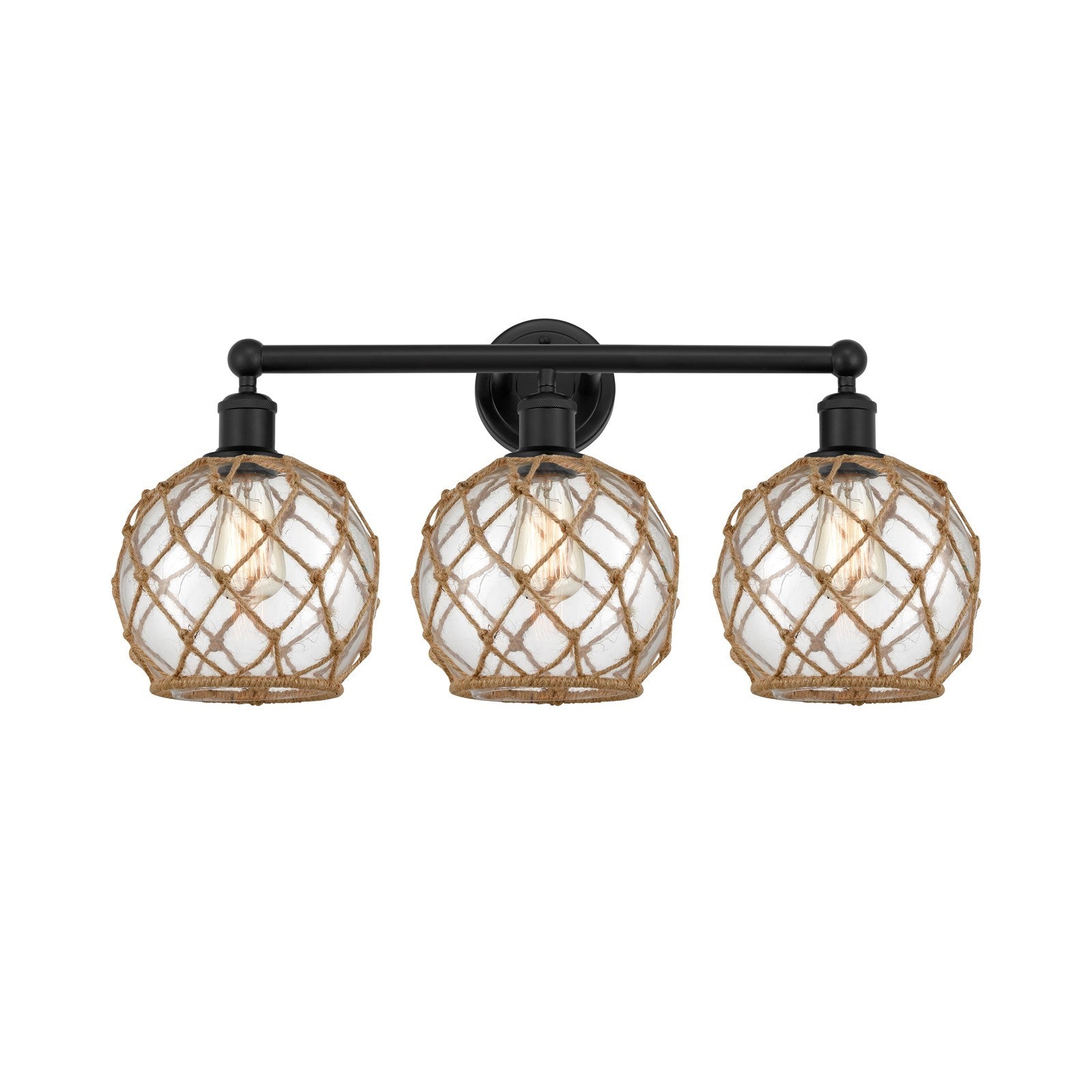 Innovations Farmhouse Rope 26in 3-Light Bath Vanity | Industrial Matte Black Steel and Clear Glass with Brown Rope | Bathroom | Model 616-3W-BK-G122-8RB