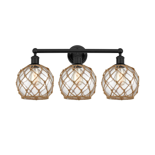 Innovations Farmhouse Rope 26in 3-Light Bath Vanity | Industrial Matte Black Steel and Clear Glass with Brown Rope | Bathroom | Model 616-3W-BK-G122-8RB