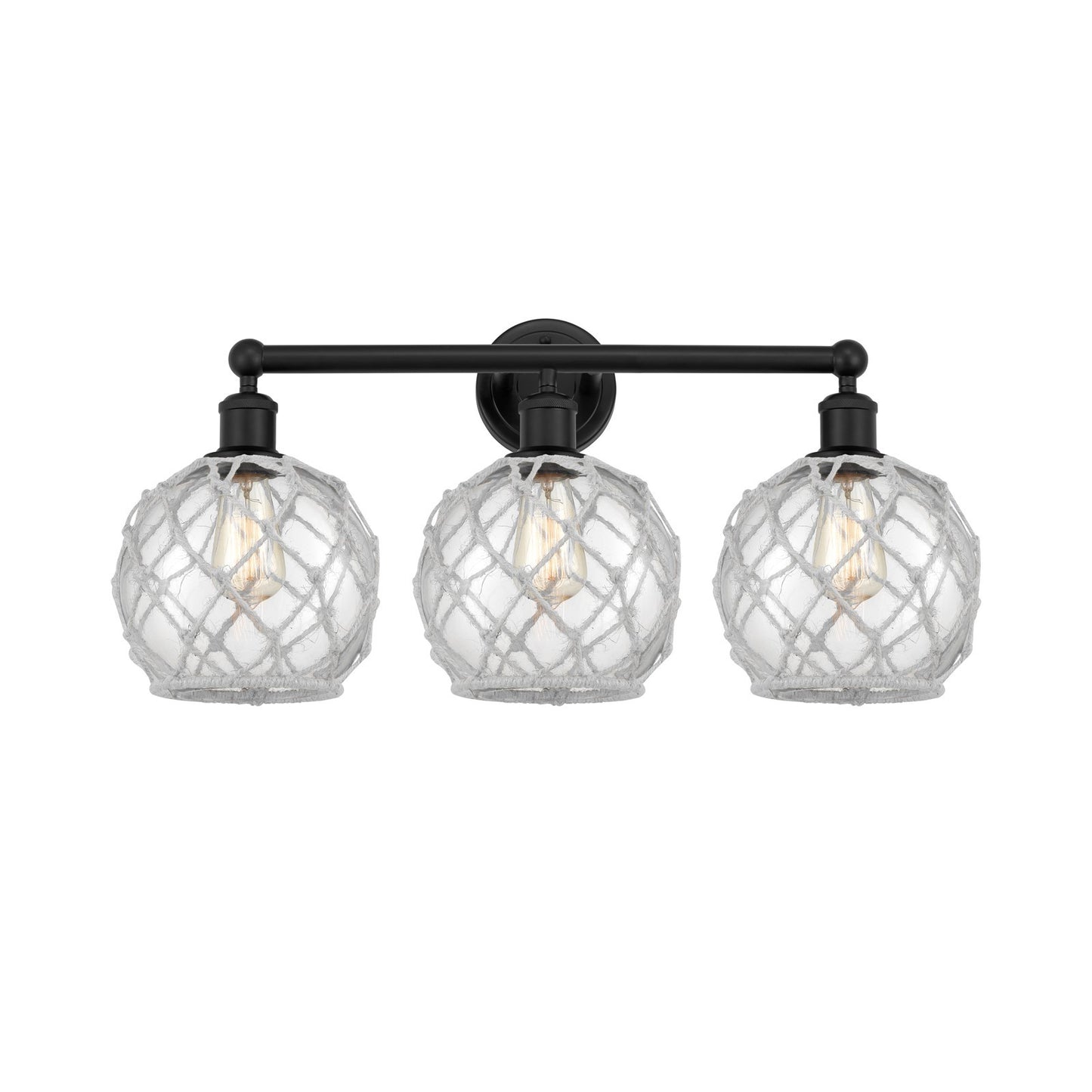 Innovations Farmhouse Rope 26in 3-Light Bath Vanity | Industrial Matte Black Steel and Clear Glass with White Rope Shade | Model 616-3W-BK-G122-8RW