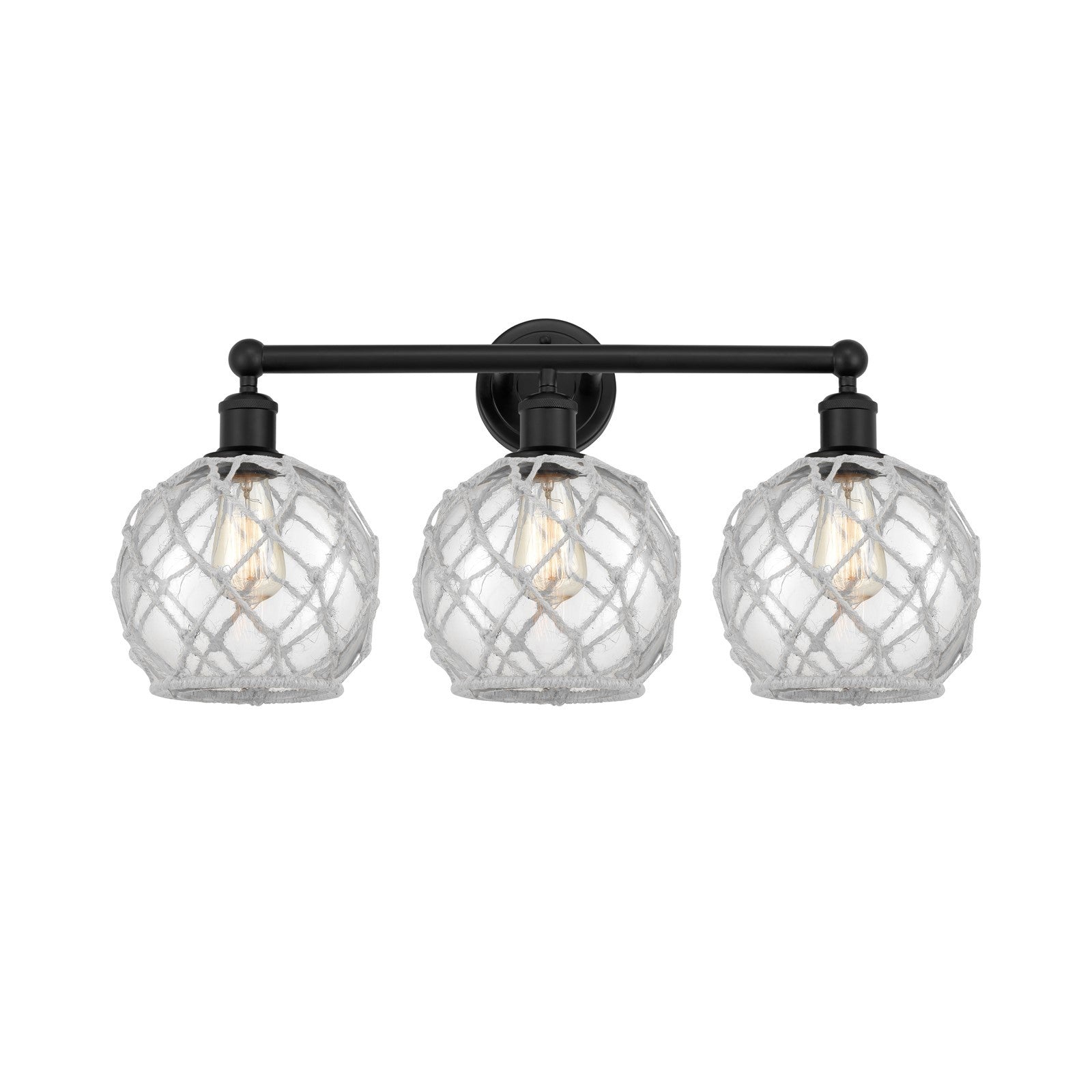 Innovations Farmhouse Rope 26in 3-Light Bath Vanity | Industrial Matte Black Steel and Clear Glass with White Rope Shade | Model 616-3W-BK-G122-8RW