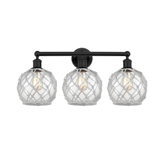 Innovations Farmhouse Rope 26in 3-Light Bath Vanity | Industrial Matte Black Steel and Clear Glass with White Rope Shade | Model 616-3W-BK-G122-8RW