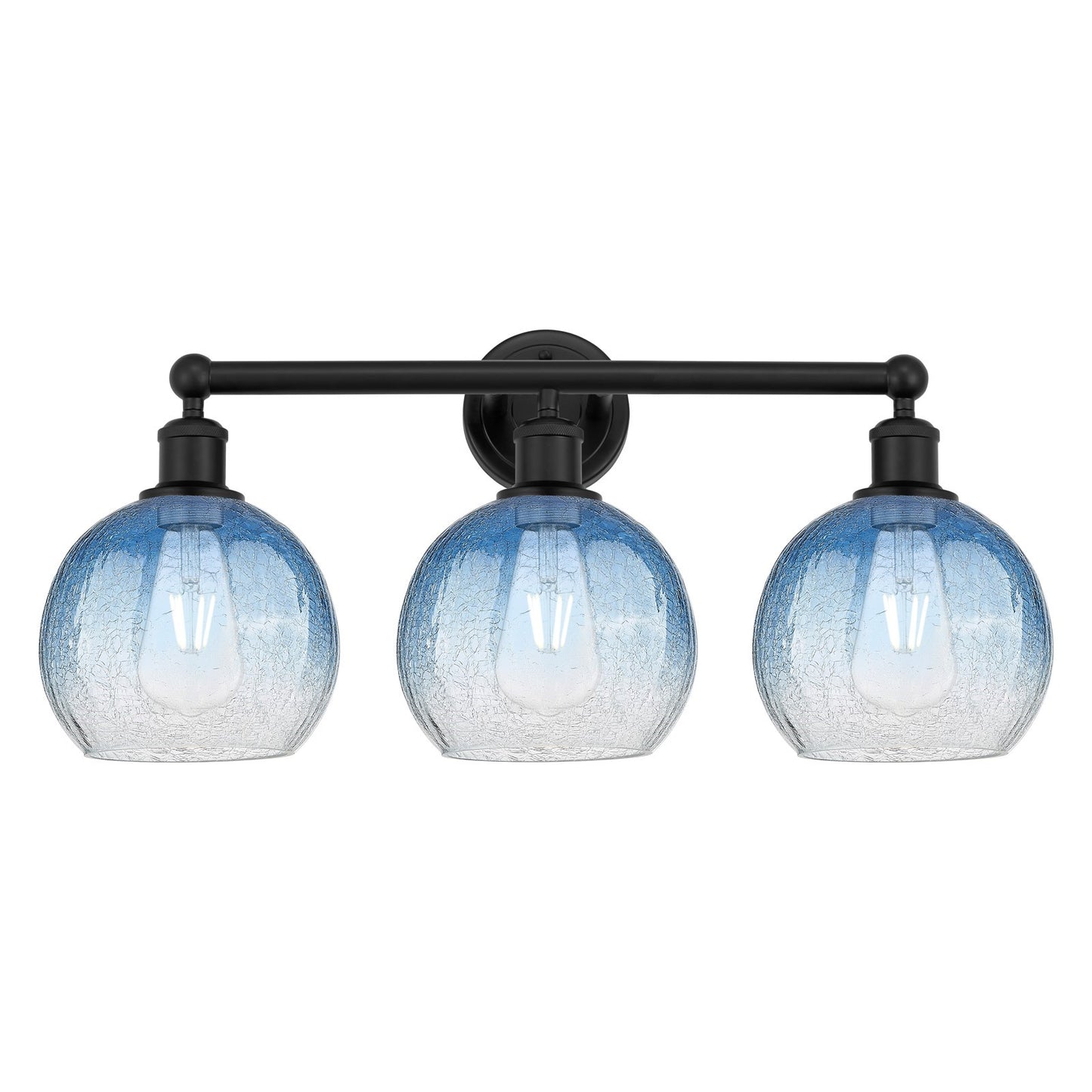 Innovations Brookhaven Globe 26in 3-Light Bath Vanity | Industrial Matte Black Steel and Sapphire Blue Glass | Bathroom & | Model 616-3W-BK-G483-8SB