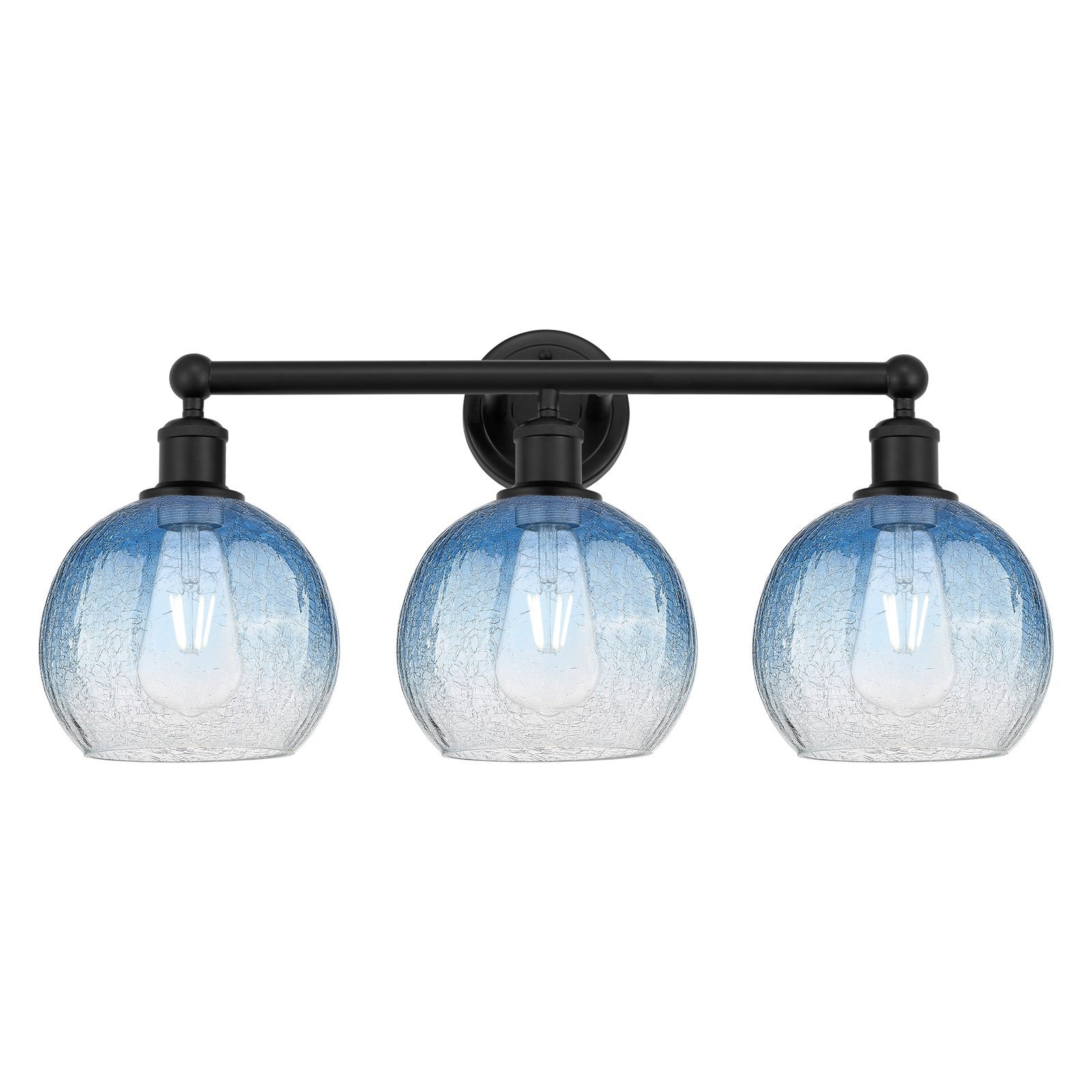 Innovations Brookhaven Globe 26in 3-Light Bath Vanity | Industrial Matte Black Steel and Sapphire Blue Glass | Bathroom & | Model 616-3W-BK-G483-8SB