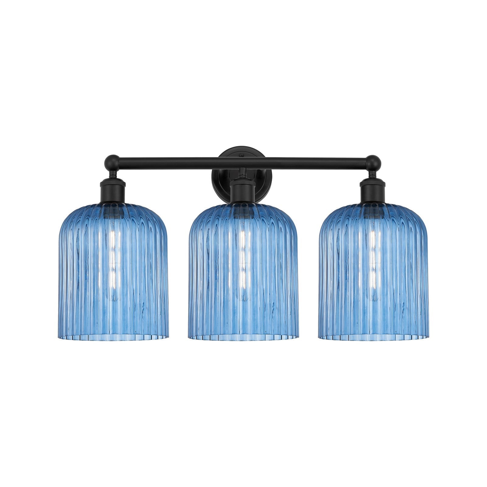 Innovations Bridal Veil 23in 3-Light Bath Vanity Light | Art Nouveau Matte Black Steel and Princess Blue Ribbed Glass | Model 616-3W-BK-G559-8BL