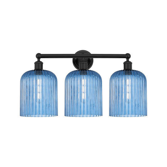 Innovations Bridal Veil 23in 3-Light Bath Vanity Light | Art Nouveau Matte Black Steel and Princess Blue Ribbed Glass | Model 616-3W-BK-G559-8BL