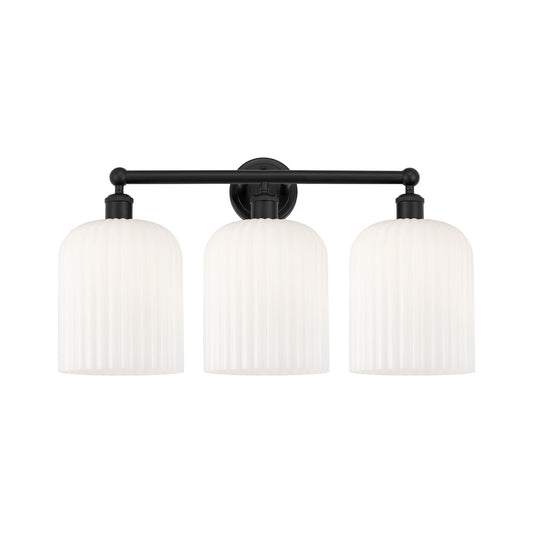 Innovations Bridal Veil 23in 3-Light Bath Vanity Light | Art Nouveau Industrial Matte Black Steel and Gloss White Ribbed Glass | Model 616-3W-BK-G559-8GWH