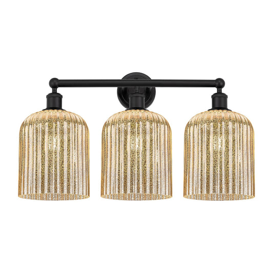 Innovations Bridal Veil 23in 3-Light Bath Vanity Light | Art Nouveau Industrial Matte Black Steel and Mercury Ribbed Glass | Model 616-3W-BK-G559-8ME
