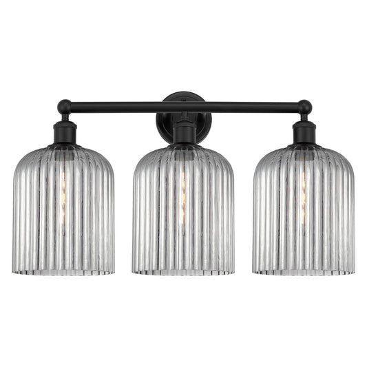 Innovations Bridal Veil 23in 3-Light Bath Vanity Light | Industrial Art Nouveau Matte Black Steel and Light Smoke Ribbed Glass | Model 616-3W-BK-G559-8SM