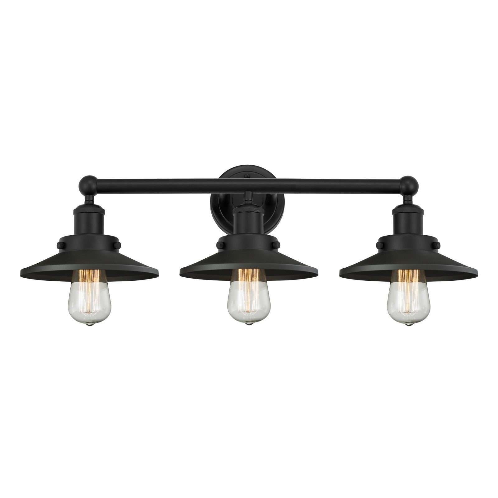 Innovations Railroad 26in 3-Light Bath Vanity Light | Industrial Matte Black Steel and Matte Black Metal Shade | Bathroom Vanity | Model 616-3W-BK-M6-BK