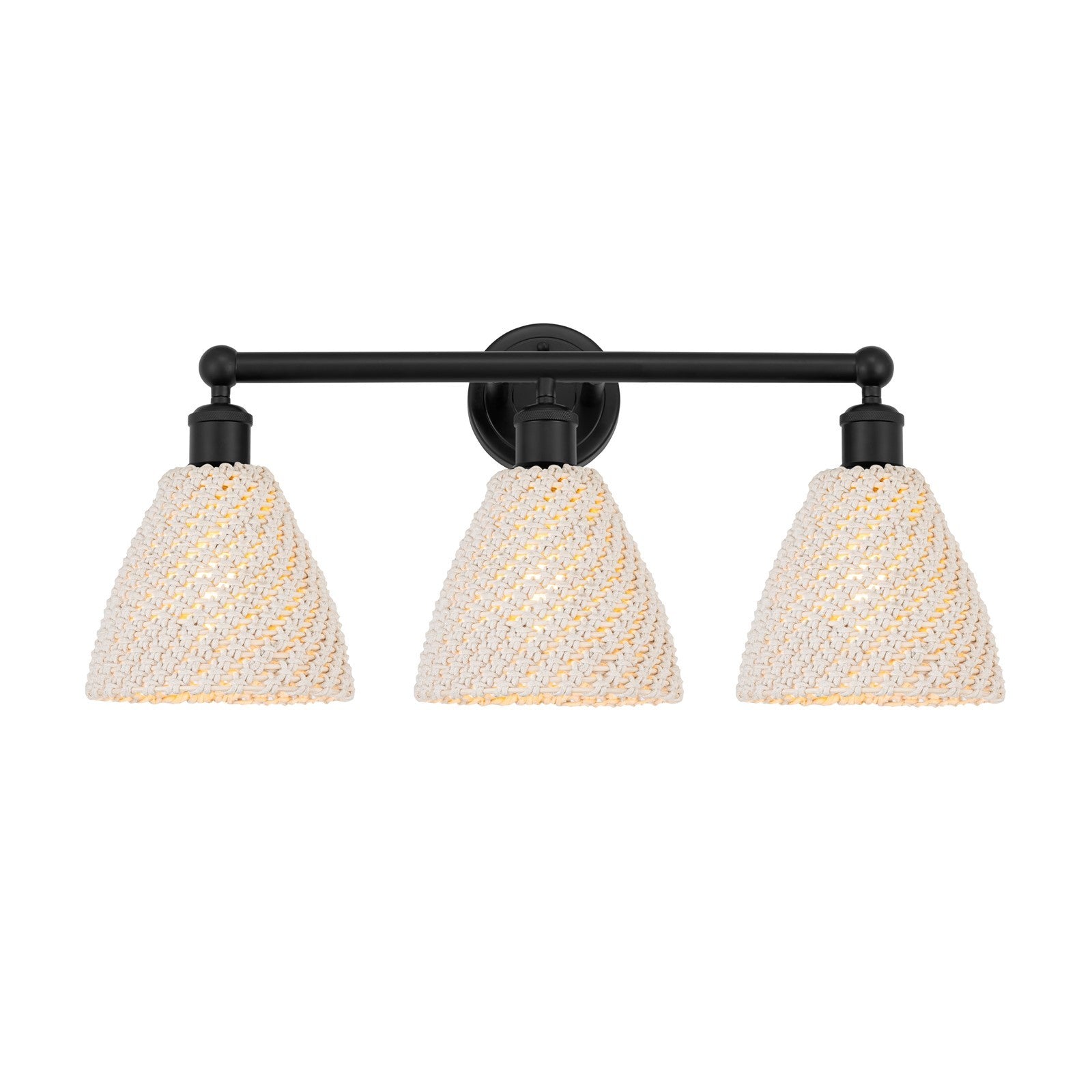 Innovations Bristol Natural 26in 3-Light Bath Vanity | Industrial Matte Black Steel and Natural Fiber Dome Shade | Bathroom | Model 616-3W-BK-NBD-75-NAT