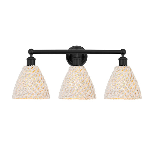 Innovations Bristol Natural 26in 3-Light Bath Vanity | Industrial Matte Black Steel and Natural Fiber Dome Shade | Bathroom | Model 616-3W-BK-NBD-75-NAT