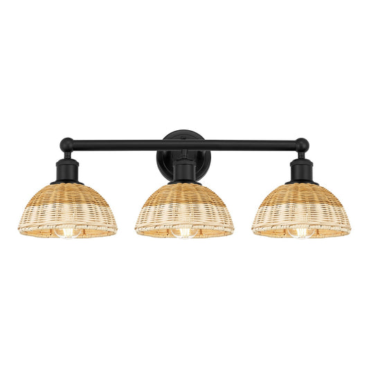 Innovations Bristol Natural II 26in 3-Light Bath Vanity Light | Industrial Matte Black Steel and Natural Fiber Shade | Model 616-3W-BK-NBD2-75-NAT