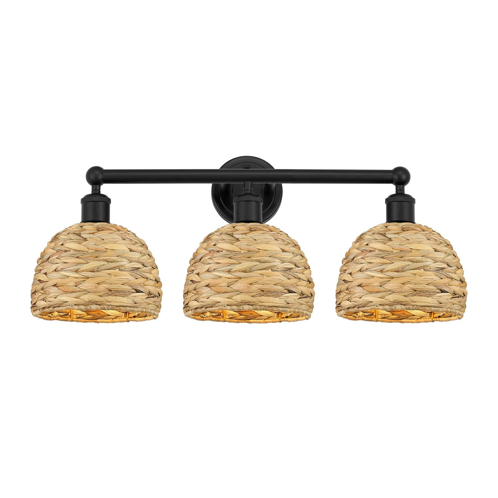 Innovations Woven Rattan 26in 3-Light Bath Vanity | Industrial Matte Black Steel and Natural Fiber Shade | Bathroom Vanity | Model 616-3W-BK-RBD-8-NAT