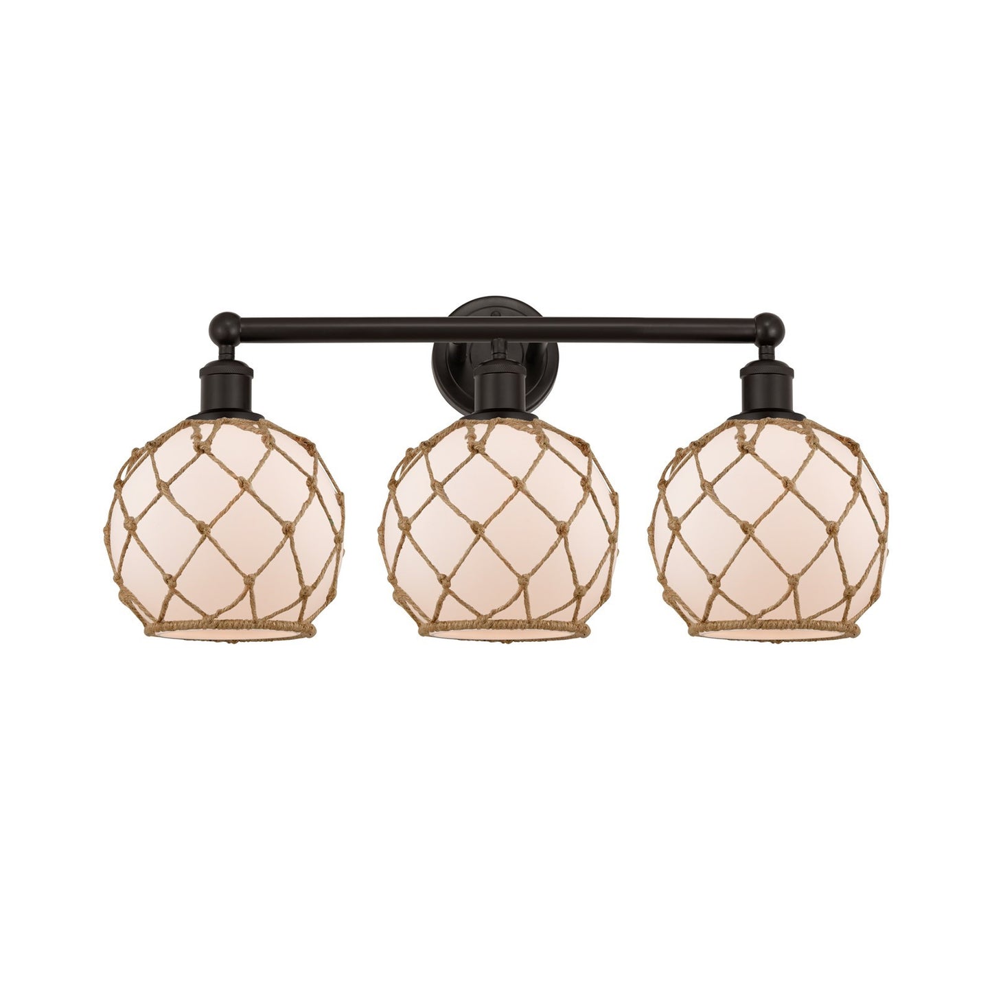 Innovations Farmhouse Rope 26in 3-Light Bath Vanity | Industrial Oil Rubbed Bronze Steel and White Frosted Glass with Brown | Model 616-3W-OB-G121-8RB