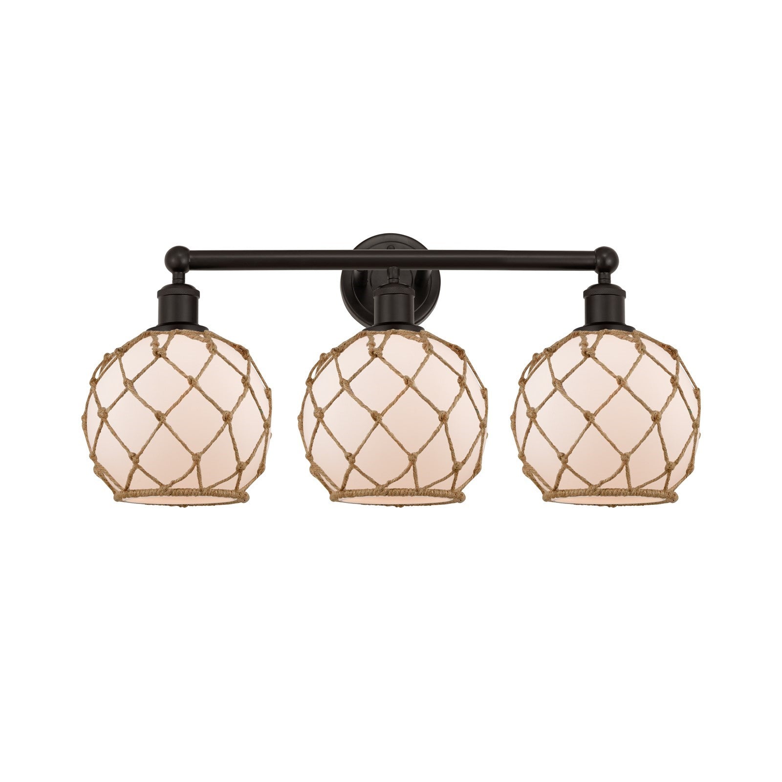 Innovations Farmhouse Rope 26in 3-Light Bath Vanity | Industrial Oil Rubbed Bronze Steel and White Frosted Glass with Brown | Model 616-3W-OB-G121-8RB