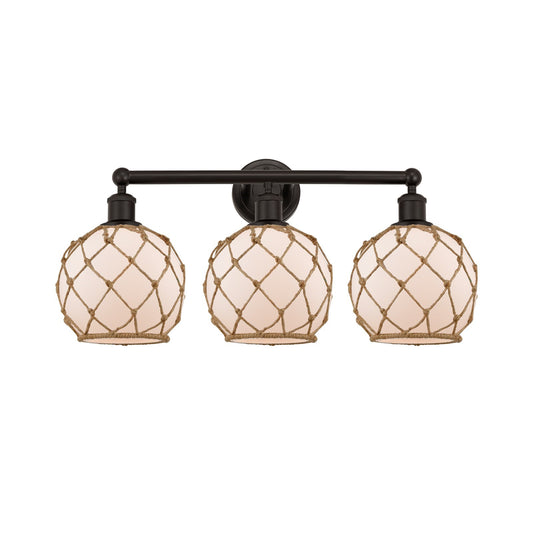 Innovations Farmhouse Rope 26in 3-Light Bath Vanity | Industrial Oil Rubbed Bronze Steel and White Frosted Glass with Brown | Model 616-3W-OB-G121-8RB