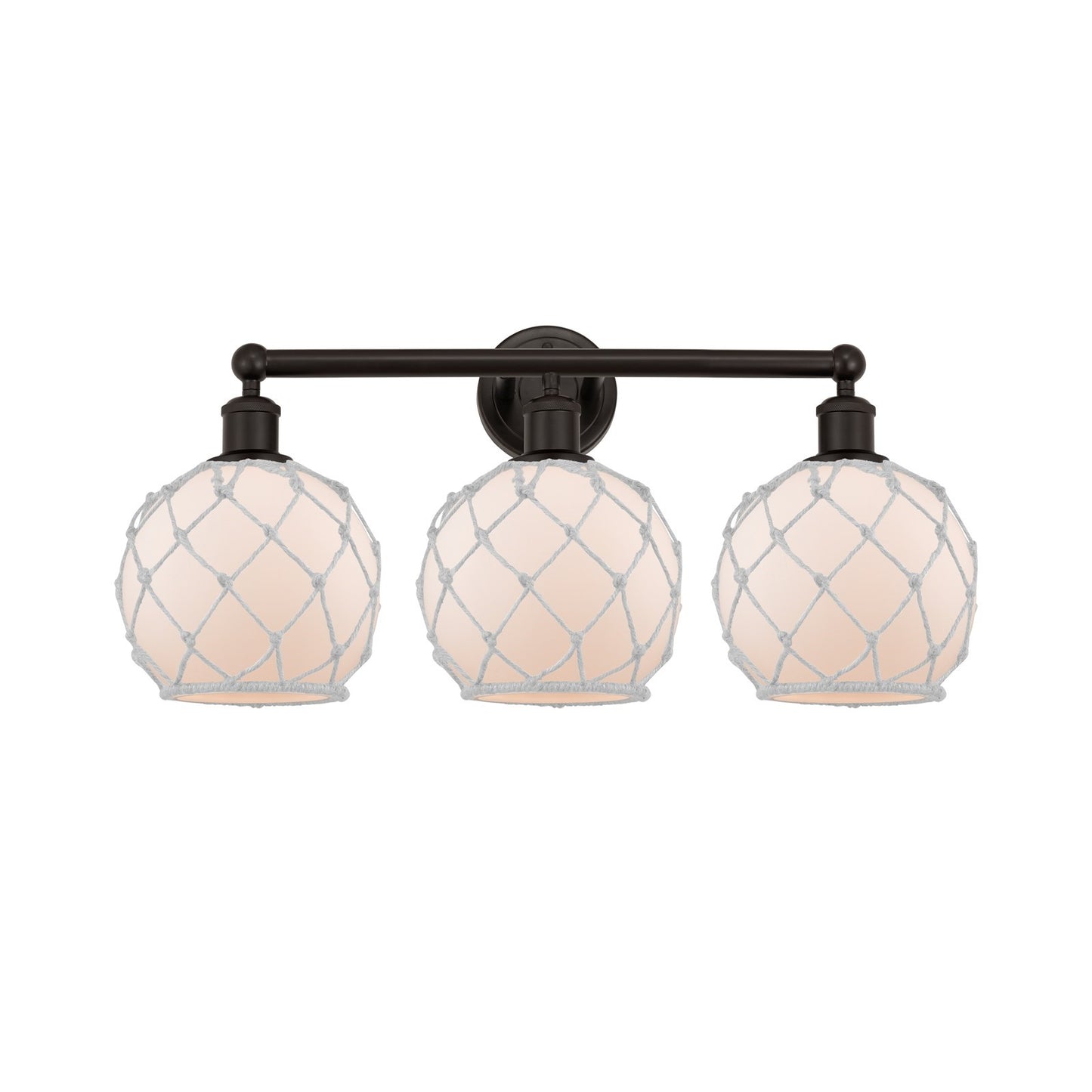 Innovations Farmhouse Rope 26in 3-Light Bath Vanity | Industrial Oil Rubbed Bronze Steel and White Frosted Glass with Rope | Model 616-3W-OB-G121-8RW