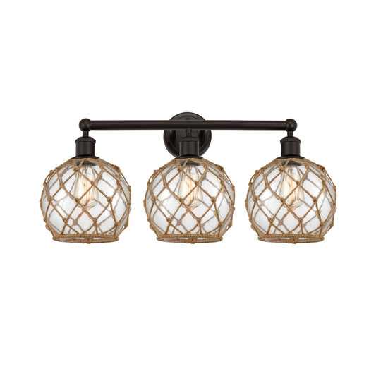 Innovations Farmhouse Rope 26in 3-Light Bath Vanity | Industrial Oil Rubbed Bronze Steel and Clear Glass with Brown Rope | Model 616-3W-OB-G122-8RB