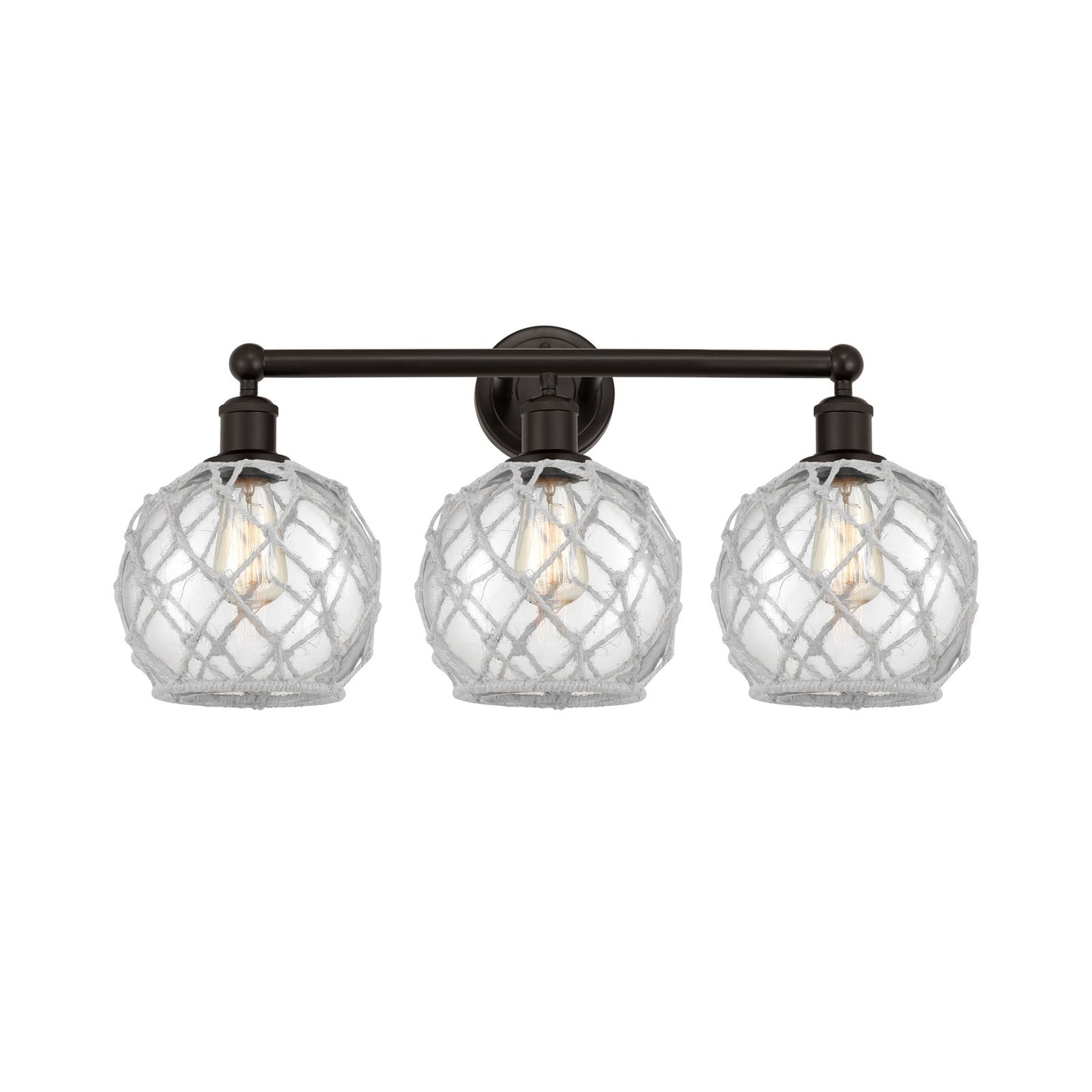 Innovations Farmhouse Rope 26in 3-Light Bath Vanity Light | Industrial Oil Rubbed Bronze Steel and Clear Glass with White Rope | Model 616-3W-OB-G122-8RW