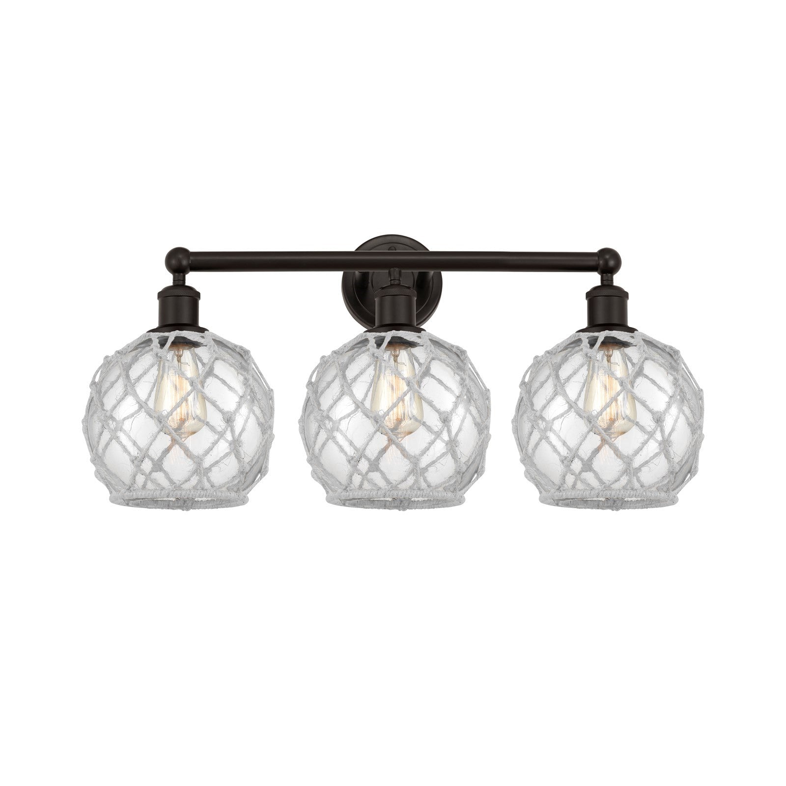 Innovations Farmhouse Rope 26in 3-Light Bath Vanity Light | Industrial Oil Rubbed Bronze Steel and Clear Glass with White Rope | Model 616-3W-OB-G122-8RW