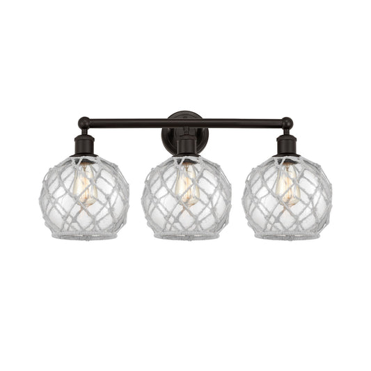 Innovations Farmhouse Rope 26in 3-Light Bath Vanity Light | Industrial Oil Rubbed Bronze Steel and Clear Glass with White Rope | Model 616-3W-OB-G122-8RW