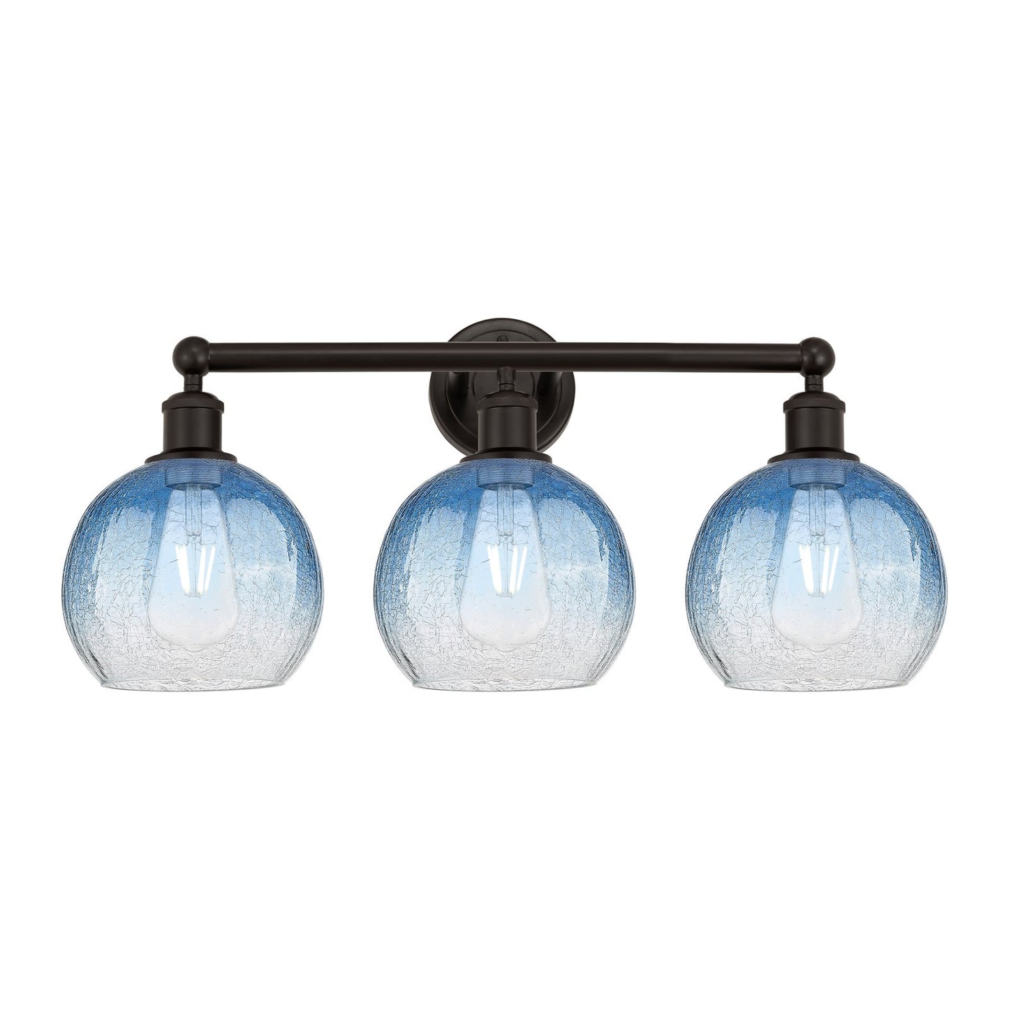 Innovations Brookhaven Globe 26in 3-Light Bath Vanity Light | Industrial Oil Rubbed Bronze Steel and Sapphire Blue Glass | Model 616-3W-OB-G483-8SB
