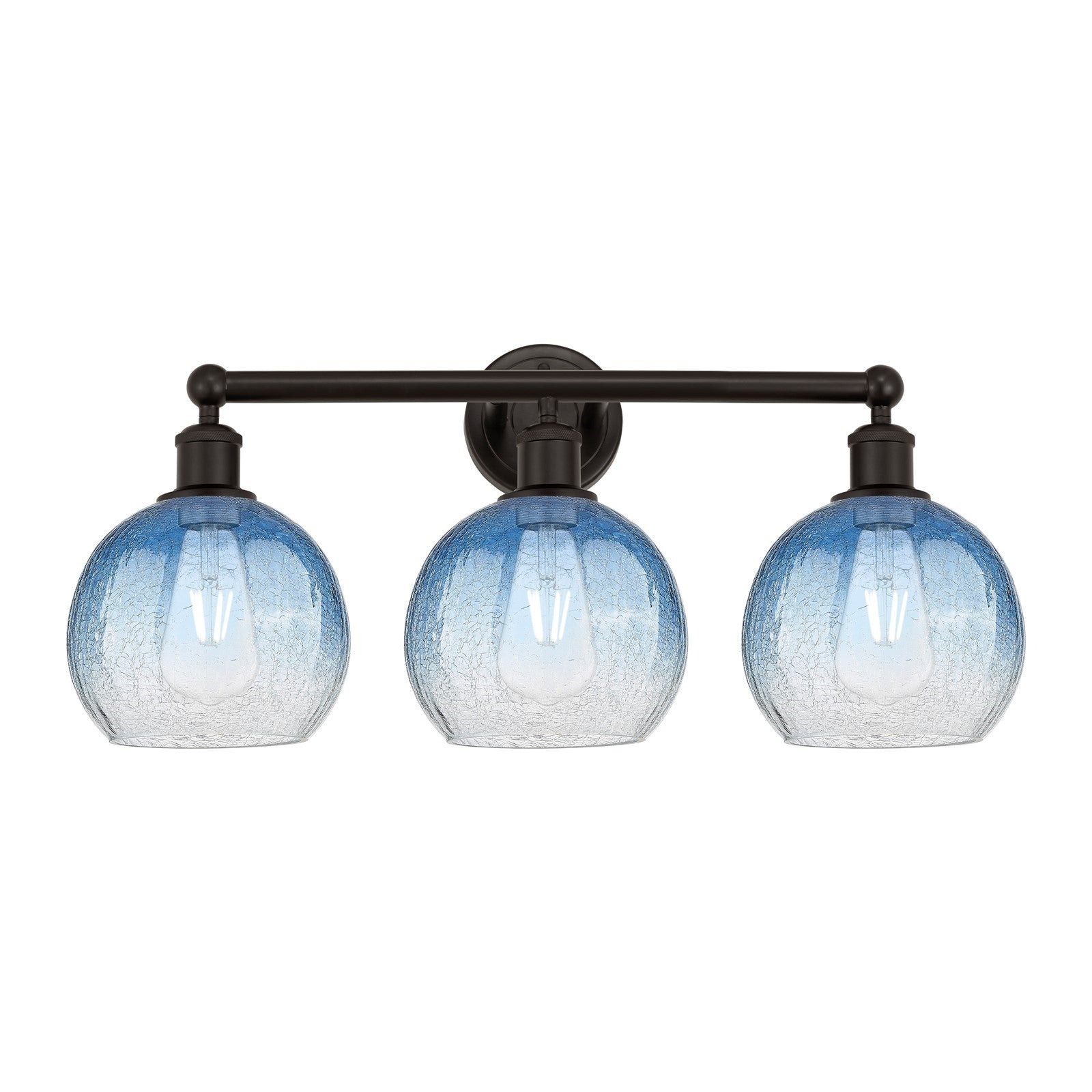 Innovations Brookhaven Globe 26in 3-Light Bath Vanity Light | Industrial Oil Rubbed Bronze Steel and Sapphire Blue Glass | Model 616-3W-OB-G483-8SB