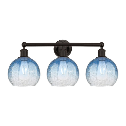 Innovations Brookhaven Globe 26in 3-Light Bath Vanity Light | Industrial Oil Rubbed Bronze Steel and Sapphire Blue Glass | Model 616-3W-OB-G483-8SB
