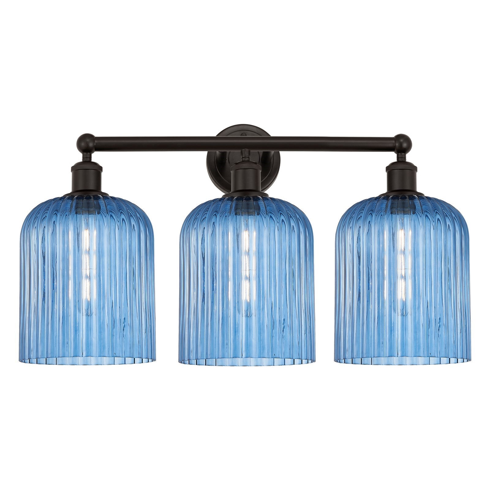 Innovations Bridal Veil 23in 3-Light Bath Vanity Light | Industrial Art Nouveau Oil Rubbed Bronze and Princess Blue Ribbed | Model 616-3W-OB-G559-8BL