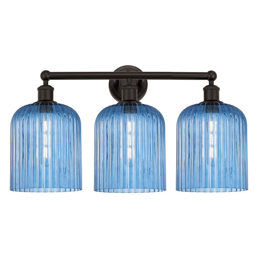 Innovations Bridal Veil 23in 3-Light Bath Vanity Light | Industrial Art Nouveau Oil Rubbed Bronze and Princess Blue Ribbed | Model 616-3W-OB-G559-8BL