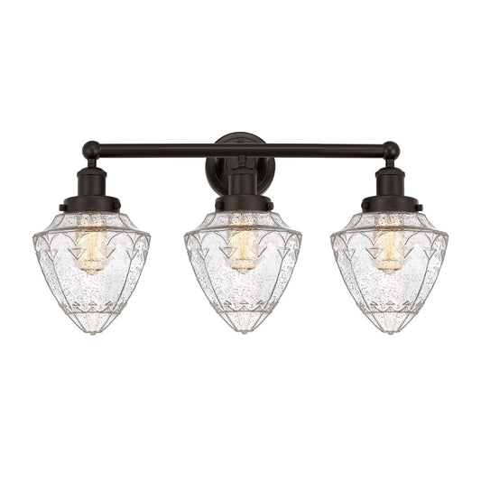 Innovations Bullet 25in 3-Light Bath Vanity Light | Industrial Oil Rubbed Bronze Steel and Seedy Glass | Bathroom Vanity | 25 x | Model 616-3W-OB-G664-7