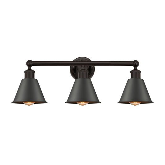 Innovations Smithfield 25in 3-Light Bath Vanity | Industrial Farmhouse Oil Rubbed Bronze Steel and Metal Cone Shades | Bathroom | Model 616-3W-OB-M8-OB