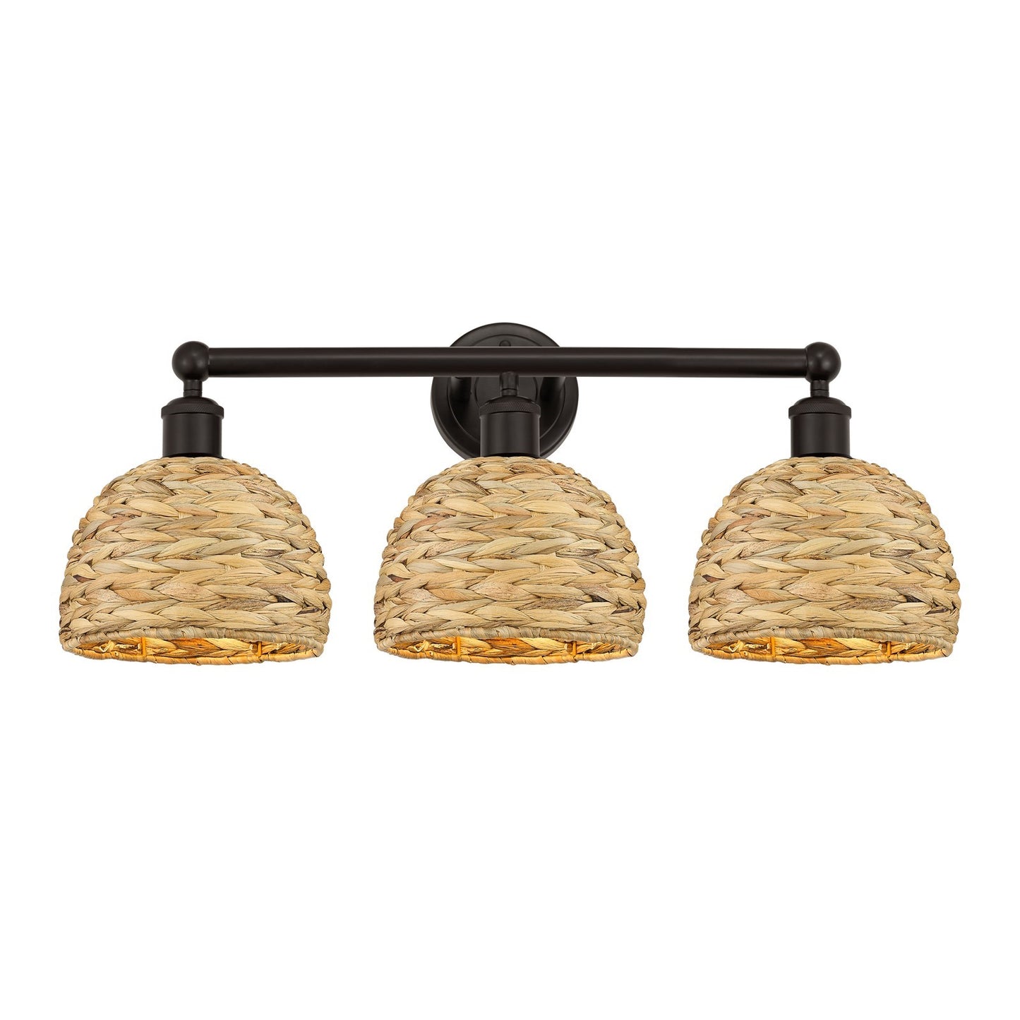 Innovations Woven Rattan 26in 3-Light Bath Vanity Light | Industrial Oil Rubbed Bronze Steel and Natural Fiber Dome Shade | Model 616-3W-OB-RBD-8-NAT