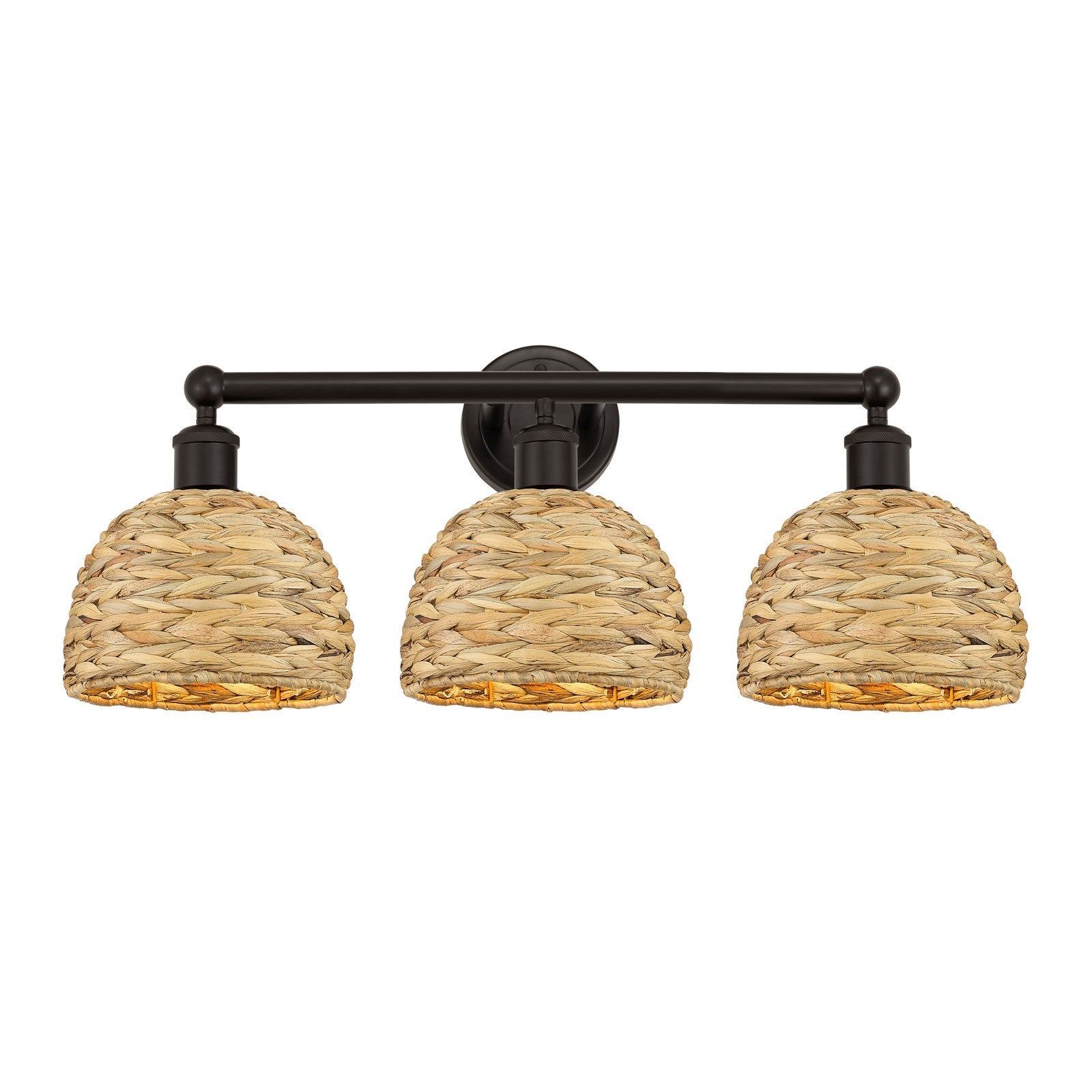 Innovations Woven Rattan 26in 3-Light Bath Vanity Light | Industrial Oil Rubbed Bronze Steel and Natural Fiber Dome Shade | Model 616-3W-OB-RBD-8-NAT