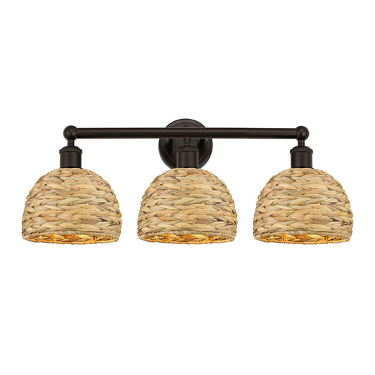 Innovations Woven Rattan 26in 3-Light Bath Vanity Light | Industrial Oil Rubbed Bronze Steel and Natural Fiber Dome Shade | Model 616-3W-OB-RBD-8-NAT