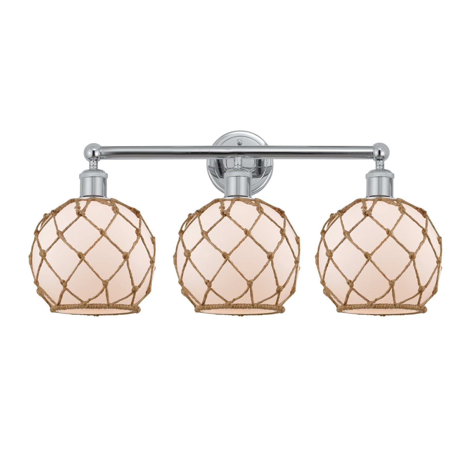 Innovations Farmhouse Rope 26in 3-Light Bath Vanity | Industrial Polished Chrome Steel and White Frosted Glass with Brown Rope | Model 616-3W-PC-G121-8RB