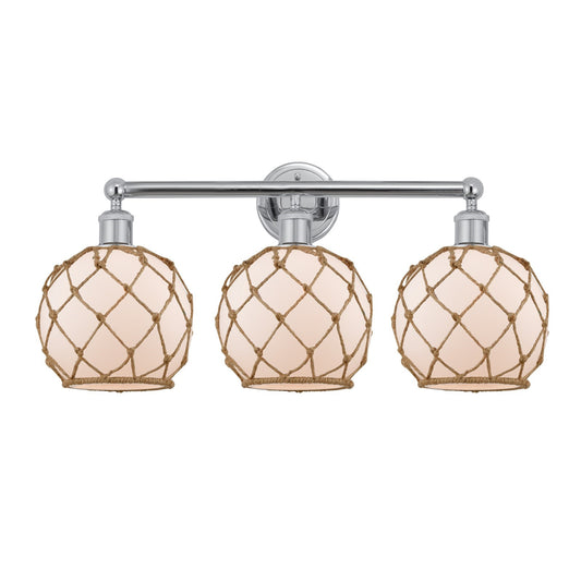 Innovations Farmhouse Rope 26in 3-Light Bath Vanity | Industrial Polished Chrome Steel and White Frosted Glass with Brown Rope | Model 616-3W-PC-G121-8RB