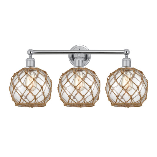 Innovations Farmhouse Rope 26in 3-Light Bath Vanity | Industrial Polished Chrome and Clear Glass with Brown Rope | Bathroom | Model 616-3W-PC-G122-8RB